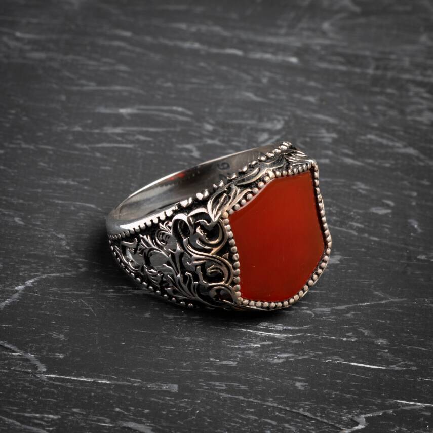 Sertifikalı 925 Ayar El İşlemesi Desenli Akik Yüzük (Erkek) - 4