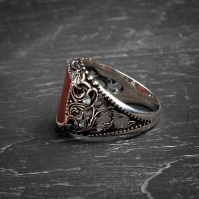 Sertifikalı 925 Ayar El İşlemesi Desenli Akik Yüzük (Erkek) - 5