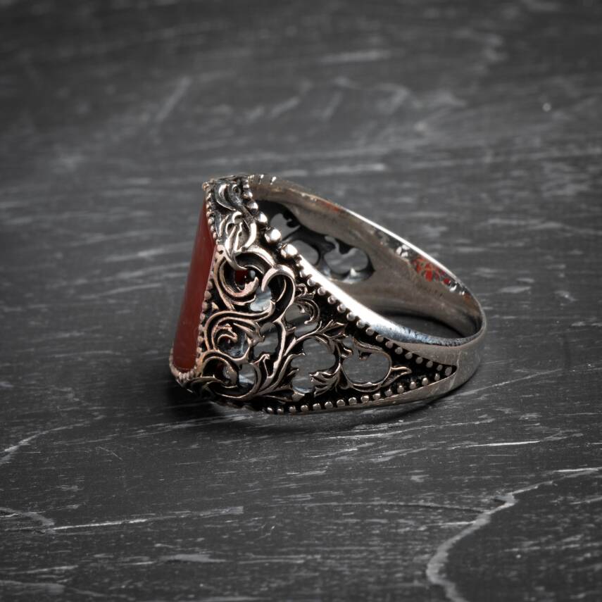 Sertifikalı 925 Ayar El İşlemesi Desenli Akik Yüzük (Erkek) - 5