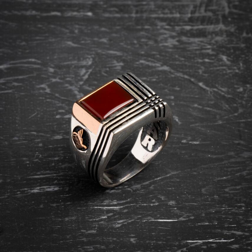 Sertifikalı 925 Ayar Gümüş Akik Yüzük (Erkek) - 1