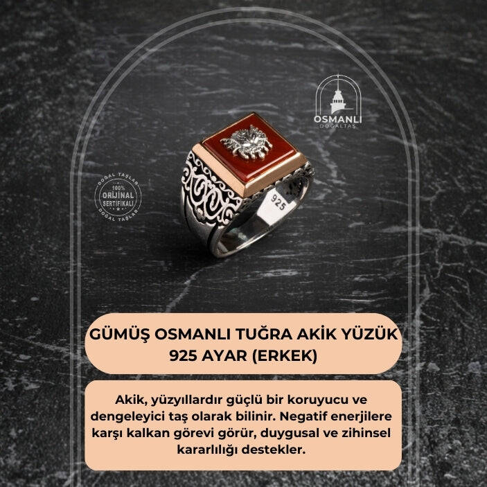 Sertifikalı 925 Ayar Gümüş Osmanlı Tuğra Akik Yüzük (Erkek) - 2