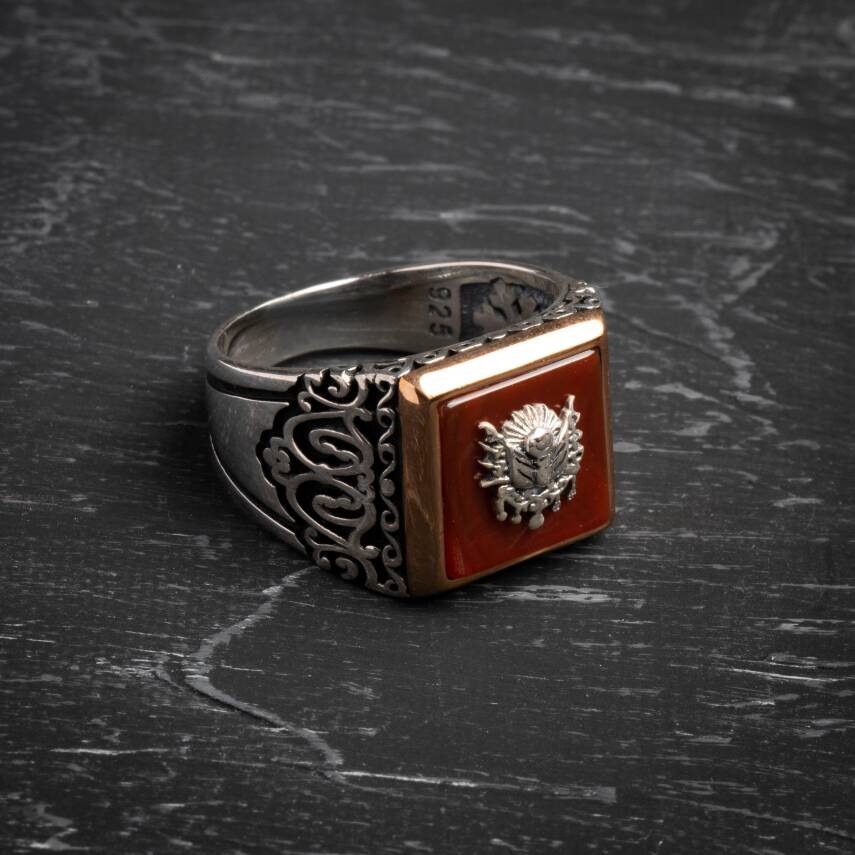 Sertifikalı 925 Ayar Gümüş Osmanlı Tuğra Akik Yüzük (Erkek) - 4