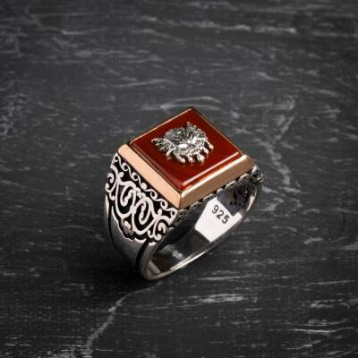 Sertifikalı 925 Ayar Gümüş Osmanlı Tuğra Akik Yüzük (Erkek) - 6