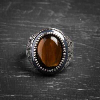 Sertifikalı 925 Ayar Kaplan Gözü Gümüş Yüzük (Erkek) - Osmanlı Doğaltaş