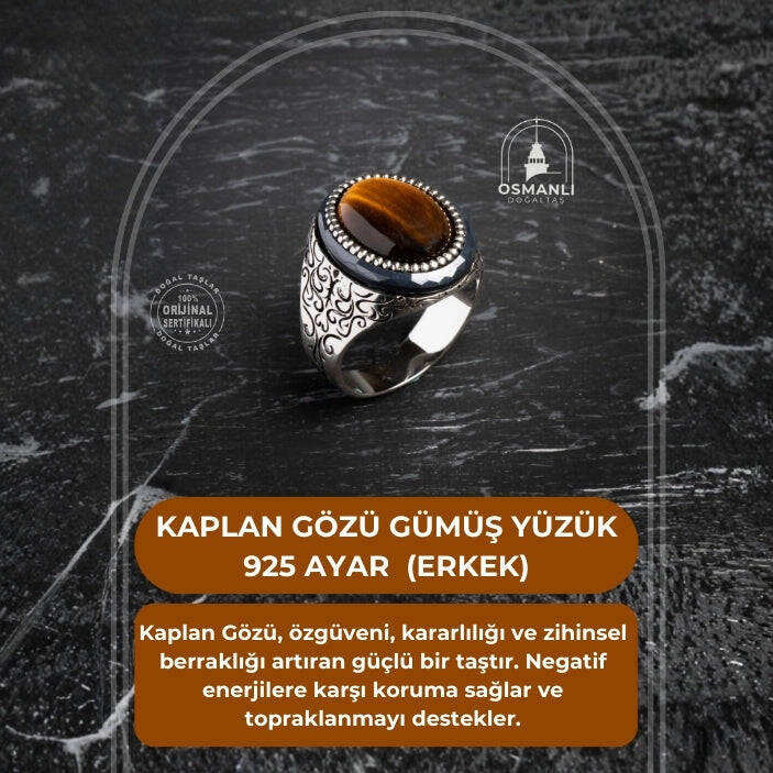Sertifikalı 925 Ayar Kaplan Gözü Gümüş Yüzük (Erkek) - 2