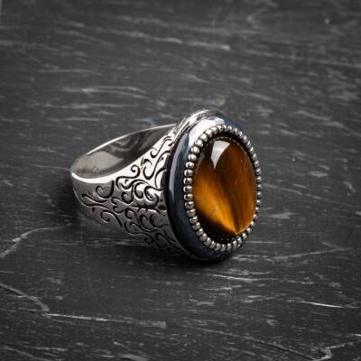 Sertifikalı 925 Ayar Kaplan Gözü Gümüş Yüzük (Erkek) - 3