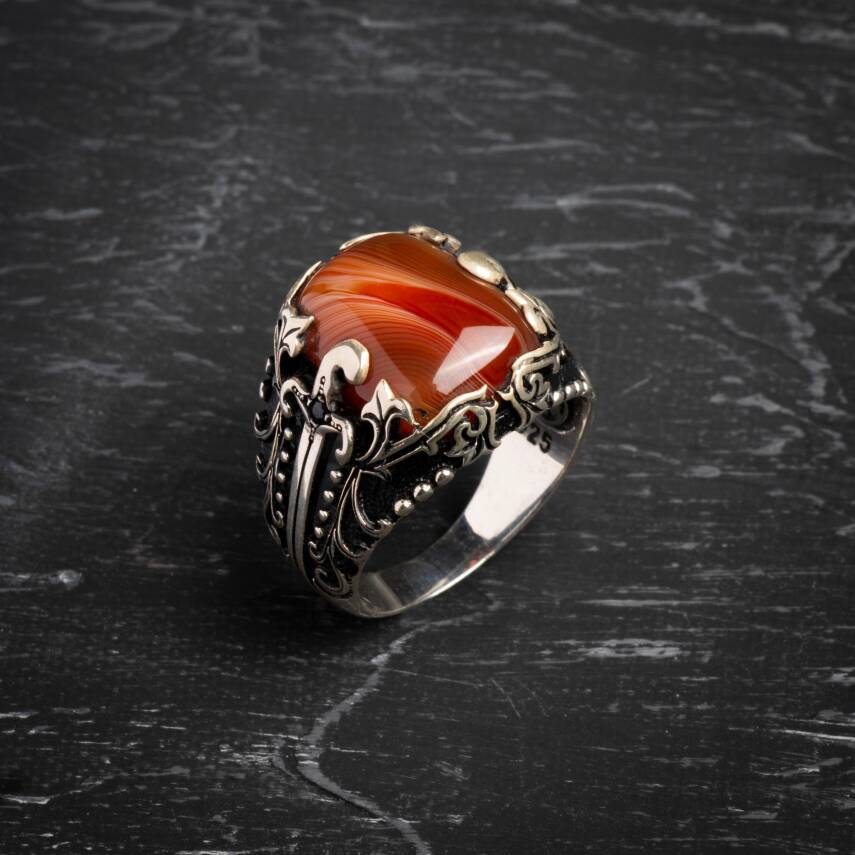 Sertifikalı 925 Ayar Motifli Akik Doğal Taş Yüzük (Erkek) - 1