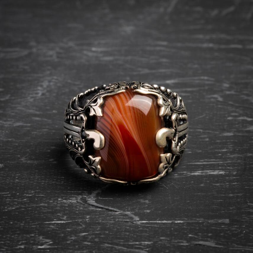 Sertifikalı 925 Ayar Motifli Akik Doğal Taş Yüzük (Erkek) - 3