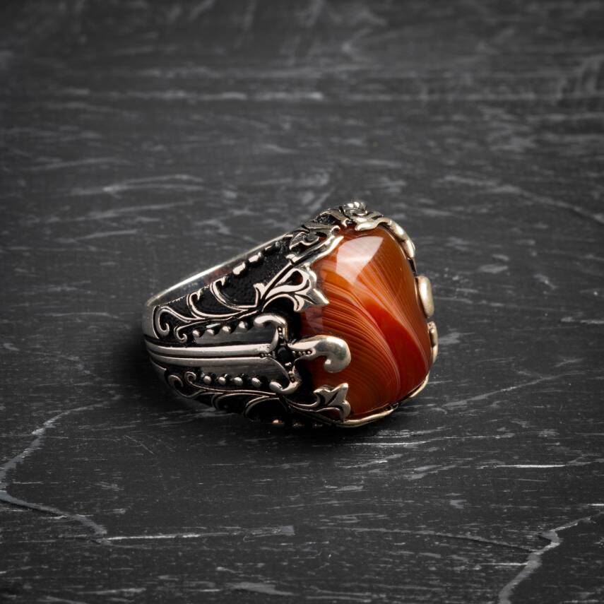 Sertifikalı 925 Ayar Motifli Akik Doğal Taş Yüzük (Erkek) - 5