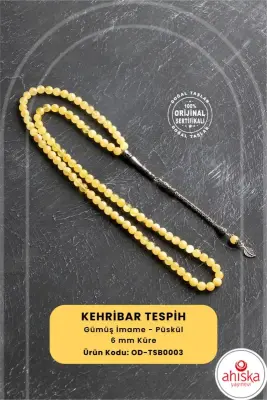 Sertifikalı 99lu Yaprak Motifli Gümüş Kehribar Tesbih - 6 mm Küre Kesim - 1