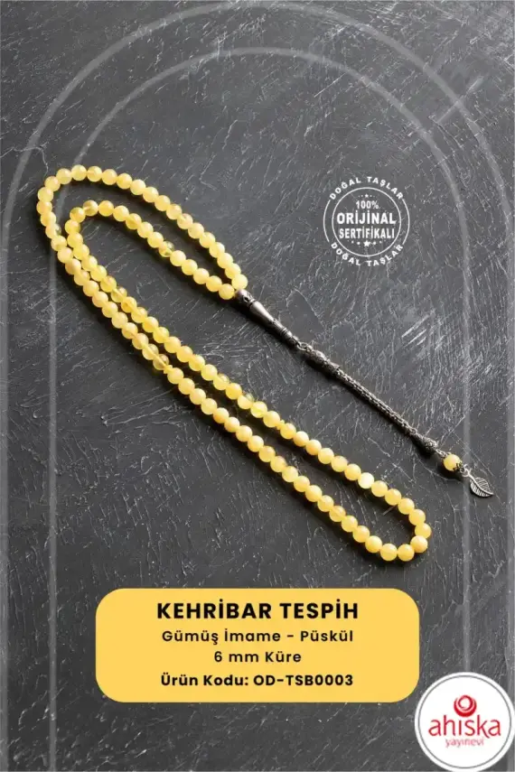 Sertifikalı 99lu Yaprak Motifli Gümüş Kehribar Tesbih - 6 mm Küre Kesim - 1
