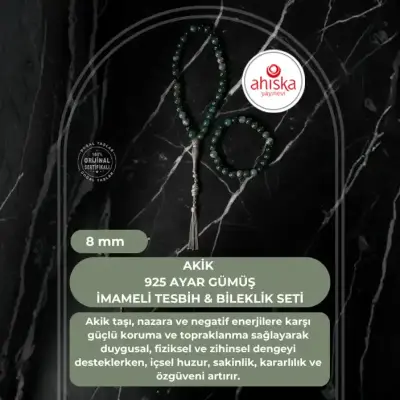 Sertifikalı Akik 925 Ayar Gümüş 8 mm İmameli Tesbih & Bileklik Seti - Doğal Taş (1)
