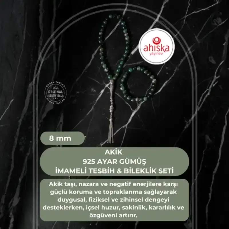 Sertifikalı Akik 925 Ayar Gümüş 8 mm İmameli Tesbih & Bileklik Seti - 2