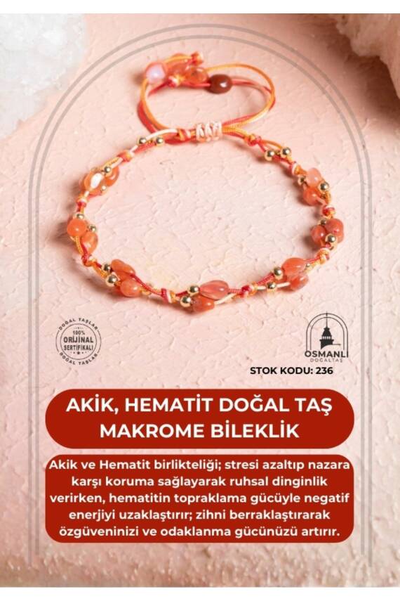 Sertifikalı Akik, Hematit Doğal Taş Makrome Bileklik (SK:236) - 1