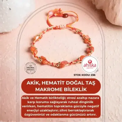 Sertifikalı Akik, Hematit Doğal Taş Makrome Bileklik (SK236) - 1