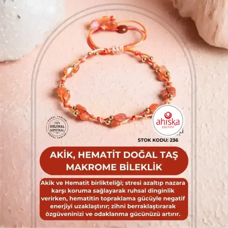Sertifikalı Akik, Hematit Doğal Taş Makrome Bileklik (SK236) - 1