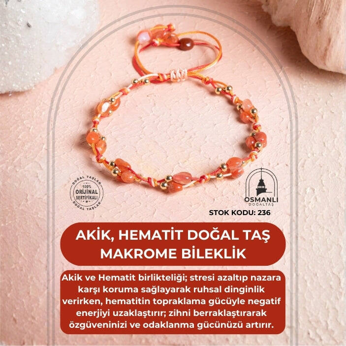 Sertifikalı Akik, Hematit Doğal Taş Makrome Bileklik (SK:236) - 2