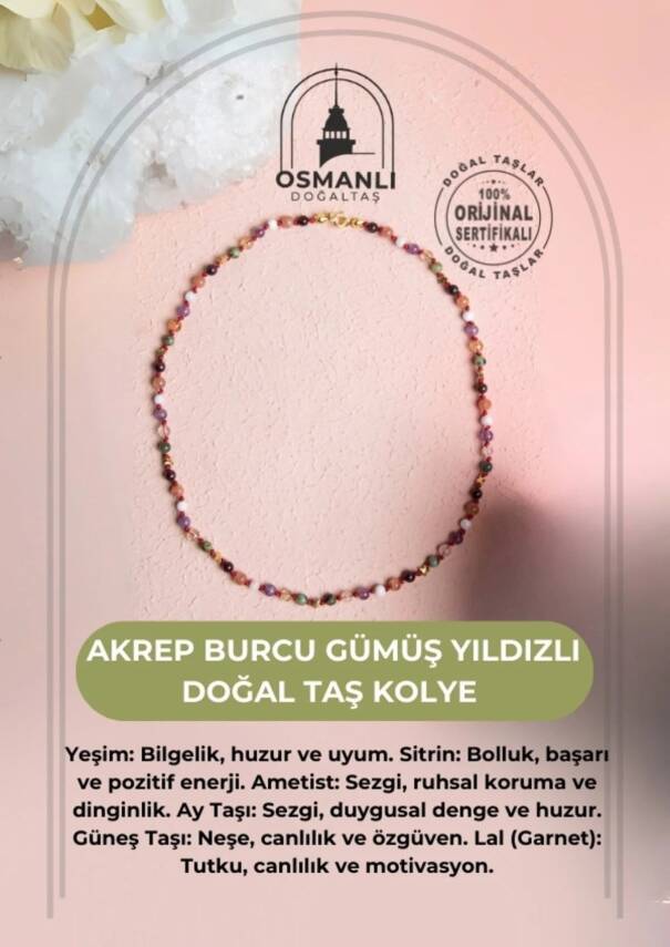 Sertifikalı Akrep Burcu Gümüş Yıldızlı Doğal Taş Kolye - 2