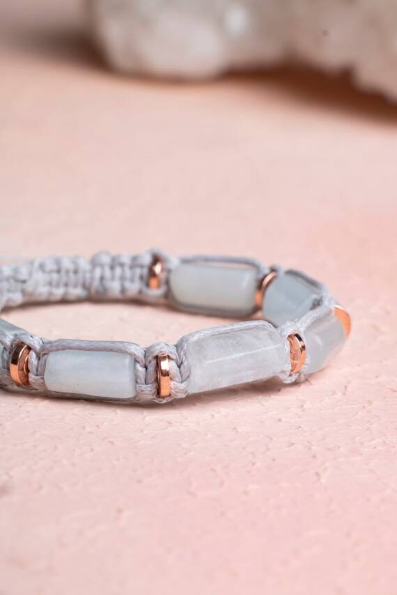 Sertifikalı Akuamarin, Hematit Doğal Taş Makrome Bileklik - 2