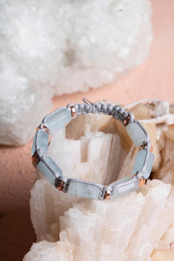 Sertifikalı Akuamarin, Hematit Doğal Taş Makrome Bileklik - 4