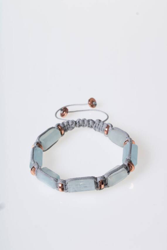 Sertifikalı Akuamarin, Hematit Doğal Taş Makrome Bileklik - 5