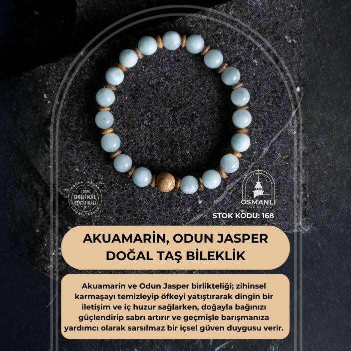 Sertifikalı Akuamarin, Odun Jasper Doğal Taş Bileklik (SK:168) - 2