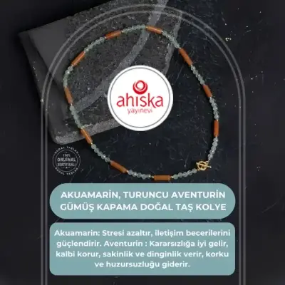 Sertifikalı Akuamarin, Turuncu Aventurin Gümüş Kapama Doğal Taş Kolye - Doğal Taş (1)
