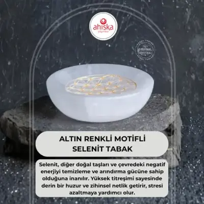 Sertifikalı Altın Renkli Motifli Selenit Tabak - Doğal Taş (1)
