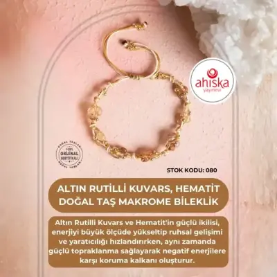Sertifikalı Altın Rutilli Kuvars, Hematit Doğal Taş Makrome Bileklik (SK080) - Doğal Taş (1)