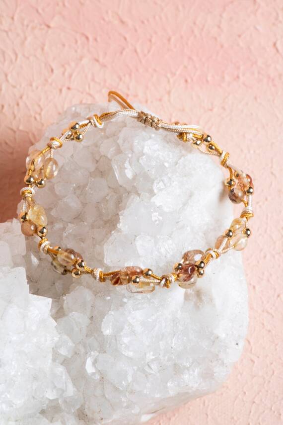 Sertifikalı Altın Rutilli Kuvars, Hematit Doğal Taş Makrome Bileklik (SK:080) - 5