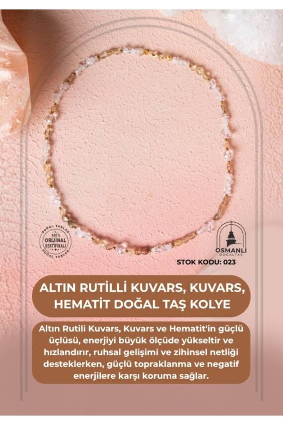Sertifikalı Altın Rutilli Kuvars, Kuvars, Hematit Doğal Taş Kolye (SK:023) - 1
