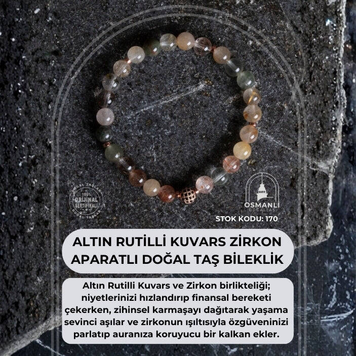 Sertifikalı Altın Rutilli Kuvars Zirkon Aparatlı Doğal Taş Bileklik - 8mm (SK:170) - 2