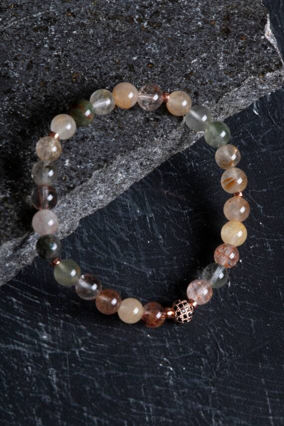 Sertifikalı Altın Rutilli Kuvars Zirkon Aparatlı Doğal Taş Bileklik - 8mm (SK:170) - 4