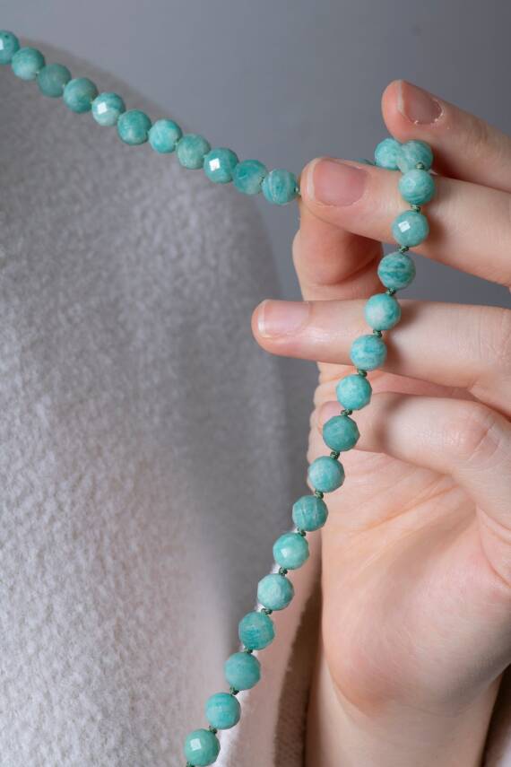 Sertifikalı Amazonit Elmas Kesim Fasetli Doğal Taş Tesbih Kolye 99luk - 8mm (SK:289) - 2