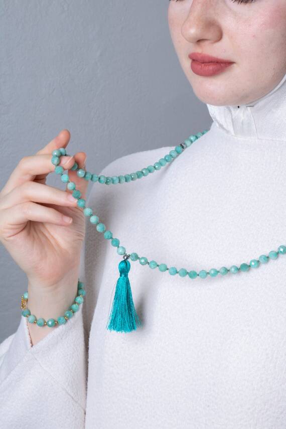 Sertifikalı Amazonit Elmas Kesim Fasetli Doğal Taş Tesbih Kolye 99luk - 8mm (SK:289) - 4