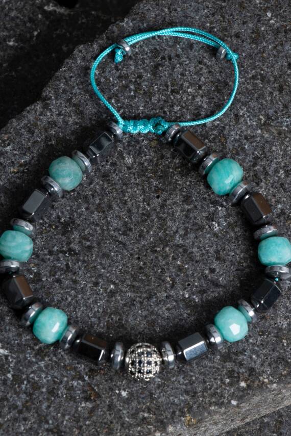 Sertifikalı Amazonit, Hematit Doğal Taş Makrome Bileklik - 1