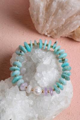 Sertifikalı Amazonit, İnci, Ametist, Hematit Doğal Taş Bileklik (SK:387) - 2