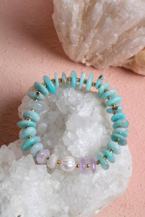 Sertifikalı Amazonit, İnci, Ametist, Hematit Doğal Taş Bileklik (SK:387) - 2