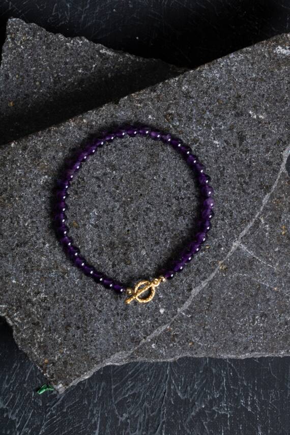 Sertifikalı Ametist Altın Kaplama Gümüş Aparat Doğal Taş Bileklik - 1