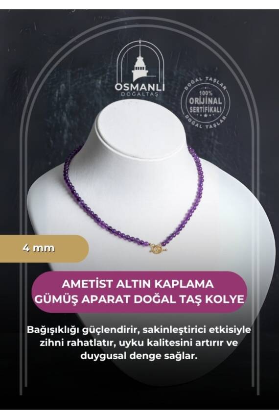 Sertifikalı Ametist Altın Kaplama Gümüş Aparat Doğal Taş Kolye - 1