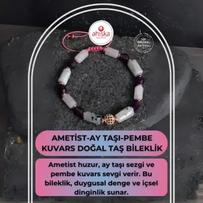 Sertifikalı Ametist, Ay Taşı ve Pembe Kuvars Doğal Taş Bileklik - Doğal Taş (1)