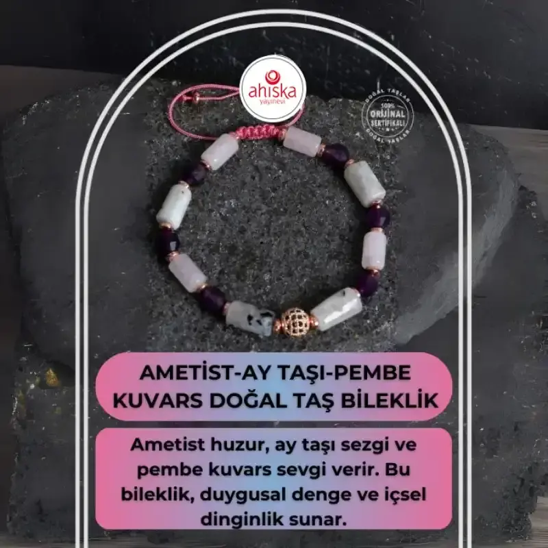Sertifikalı Ametist, Ay Taşı ve Pembe Kuvars Doğal Taş Bileklik - 2