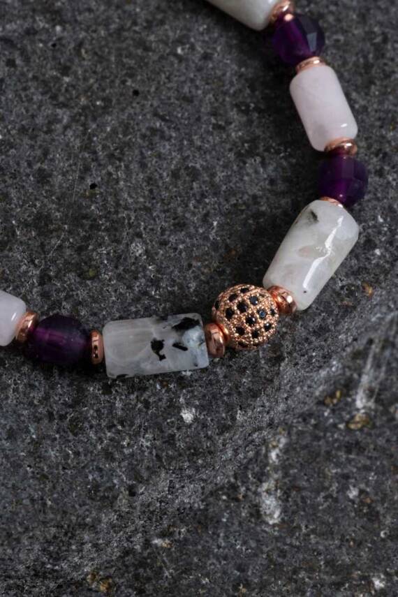 Sertifikalı Ametist, Ay Taşı ve Pembe Kuvars Doğal Taş Bileklik - 3