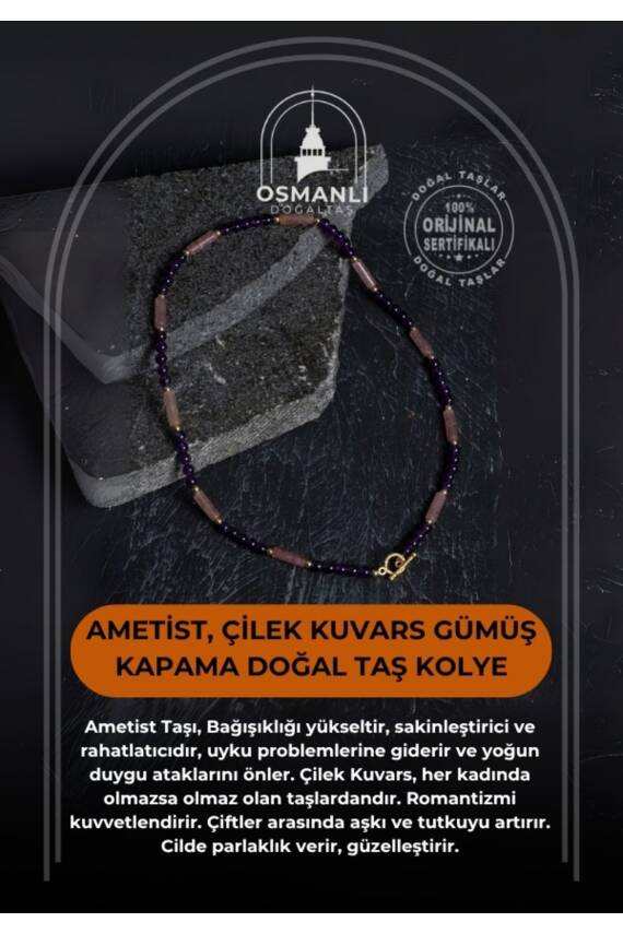 Sertifikalı Ametist, Çilek Kuvars Gümüş Kapama Doğal Taş Kolye - 1
