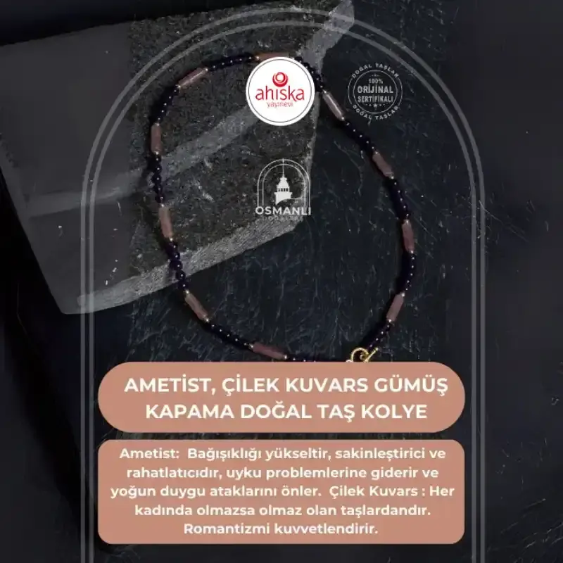 Sertifikalı Ametist, Çilek Kuvars Gümüş Kapama Doğal Taş Kolye - 2