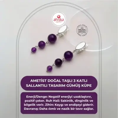 Sertifikalı Ametist Doğal Taşlı 3 Katlı Sallantılı Tasarım Gümüş Küpe - Doğal Taş (1)