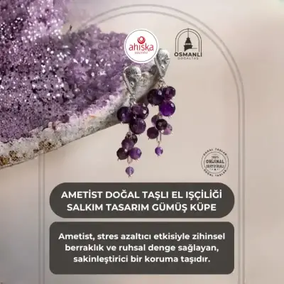 Sertifikalı Ametist Doğal Taşlı El Işçiliği Salkım Tasarım Gümüş Küpe - Doğal Taş (1)