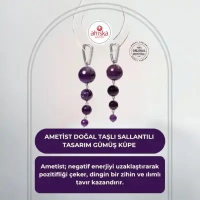 Sertifikalı Ametist Doğal Taşlı Sallantılı Tasarım Gümüş Küpe - Doğal Taş (1)
