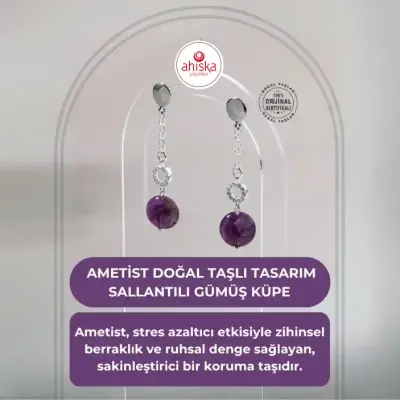 Sertifikalı Ametist Doğal Taşlı Tasarım Sallantılı Gümüş Küpe - Doğal Taş (1)