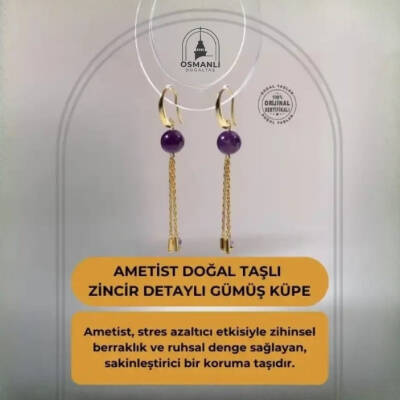 Sertifikalı Ametist Doğal Taşlı Zincir Detaylı Gümüş Küpe - 2